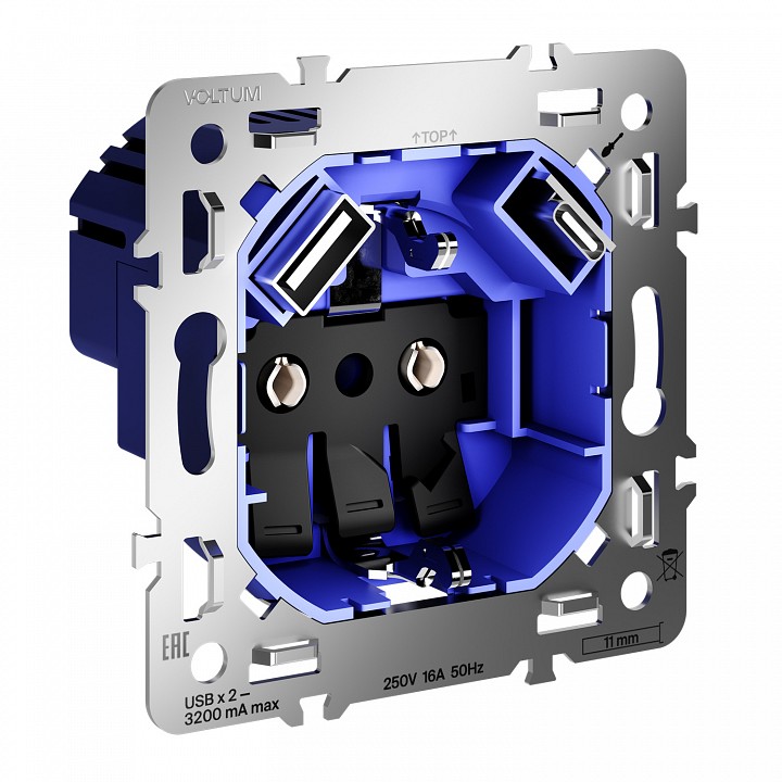 Механизм розетки с заземлением и со шторками и 2хusb type a и c voltum s70 vls0405m