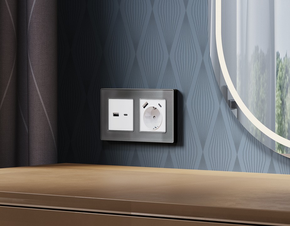 Накладка для розетки с заземлением и со шторками и 2хusb type a и c ambrella volt alfa ap1300