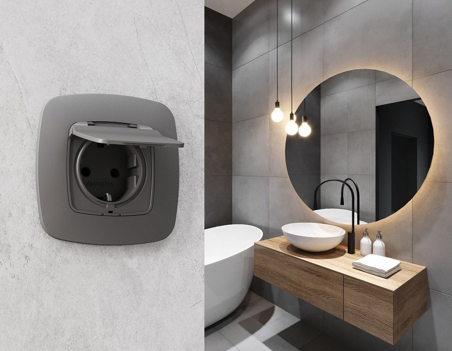 Накладка для розетки влагозащищенной с заземлением и со шторками с крышкой ambrella volt omega op6580