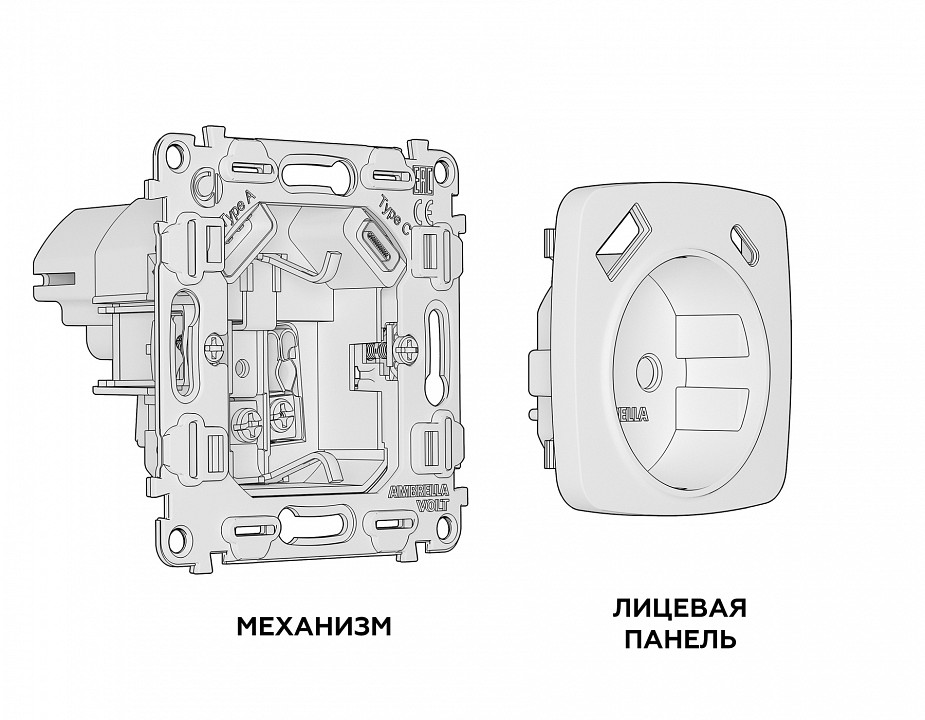 Розетка с заземлением и 2хusb type a и c, Без рамки ambrella volt omega mo330010