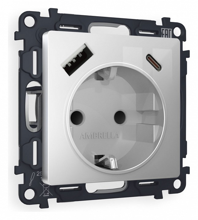 Розетка с заземлением и 2хusb type a и c, Без рамки ambrella volt alfa ma410010