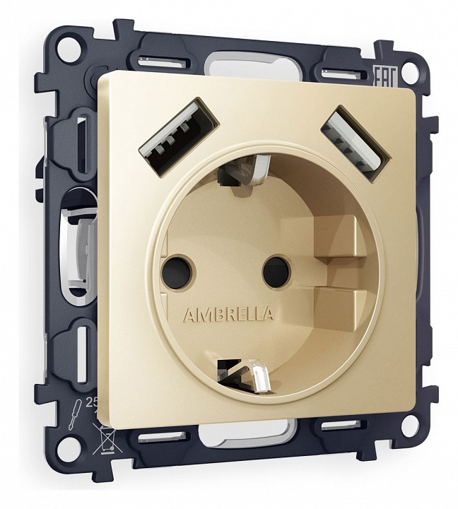 Розетка с заземлением и со шторкой и 2хusb type a, Без рамки ambrella volt alfa ma609010
