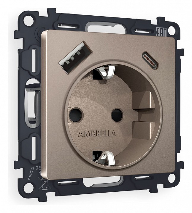 Розетка с заземлением и 2хusb type a и c, Без рамки ambrella volt alfa ma640010