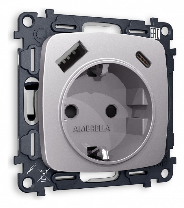 Розетка с заземлением и 2хusb type a и c, Без рамки ambrella volt quant mo510010