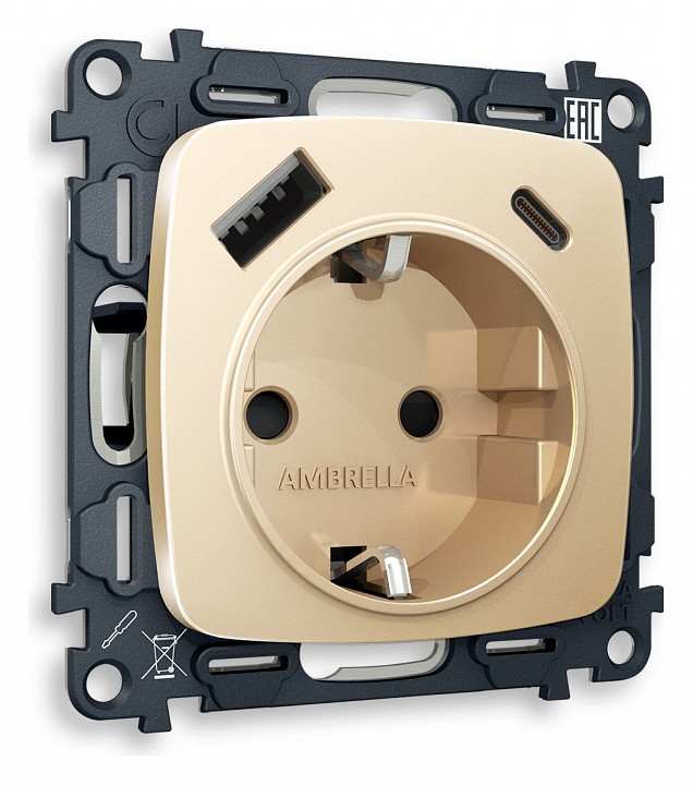 Розетка с заземлением и 2хusb type a и c, Без рамки ambrella volt quant mo610010