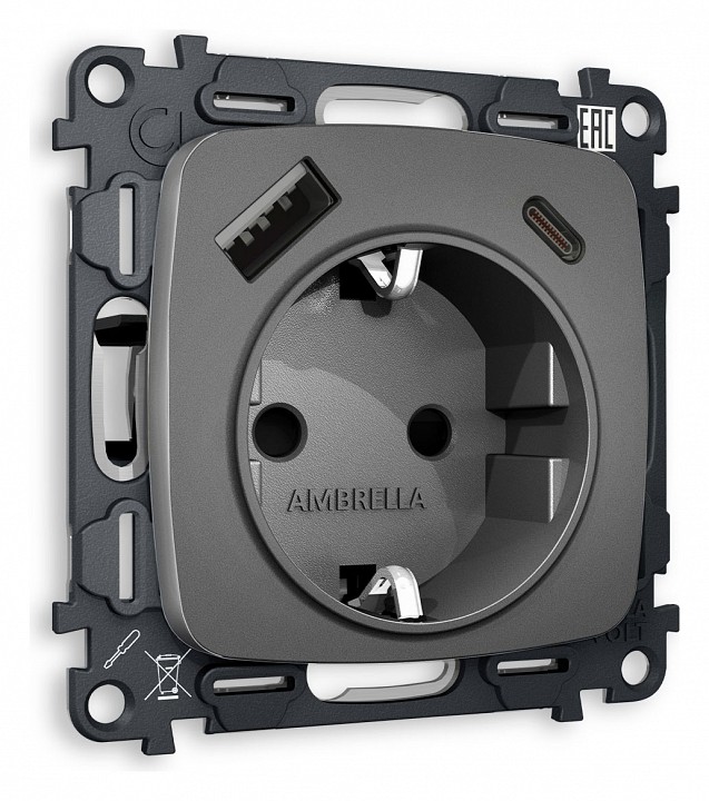 Розетка с заземлением и 2хusb type a и c, Без рамки ambrella volt quant mo660010