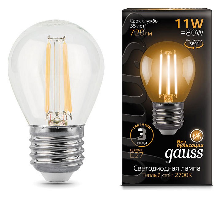 Лампа светодиодная gauss led filament e27 11вт 2700k 105802111