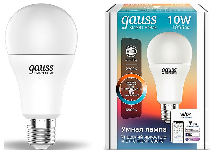 Лампа светодиодная с управлением через wi-fi gauss smart home e27 10вт 2700-6500k 1080112