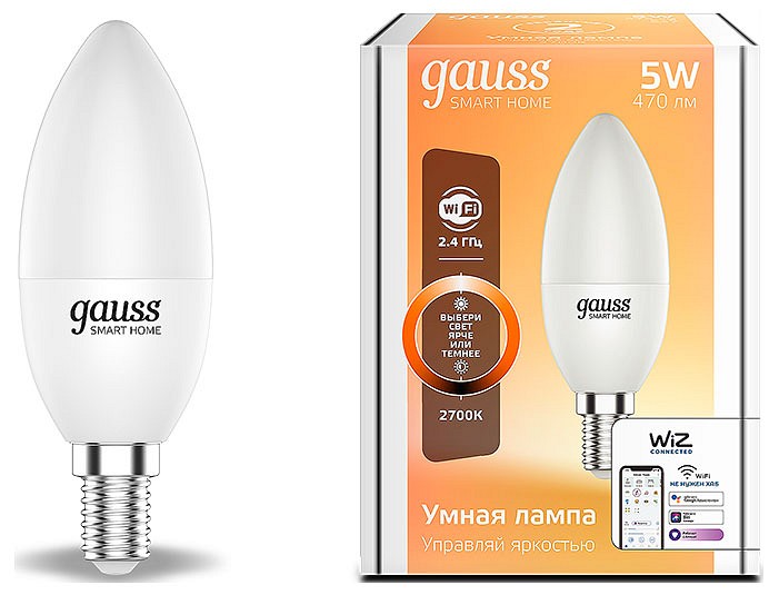 Лампа светодиодная с управлением через wi-fi gauss smart home e14 5вт 2700k 1100112