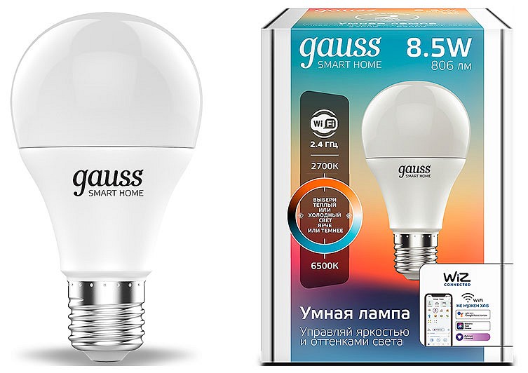 Лампа светодиодная с управлением через wi-fi gauss smart home e27 8.5вт 2700-6500k 1130112