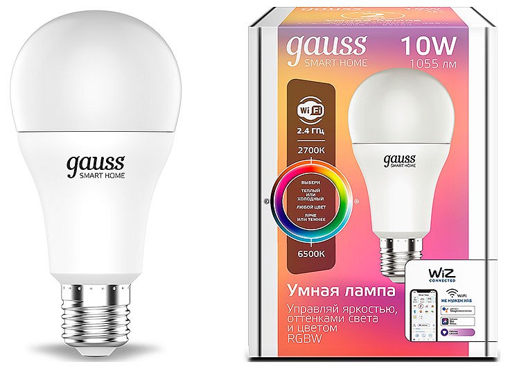 Лампа светодиодная с управлением через wi-fi gauss smart home e27 10вт 2700-6500k 1180112