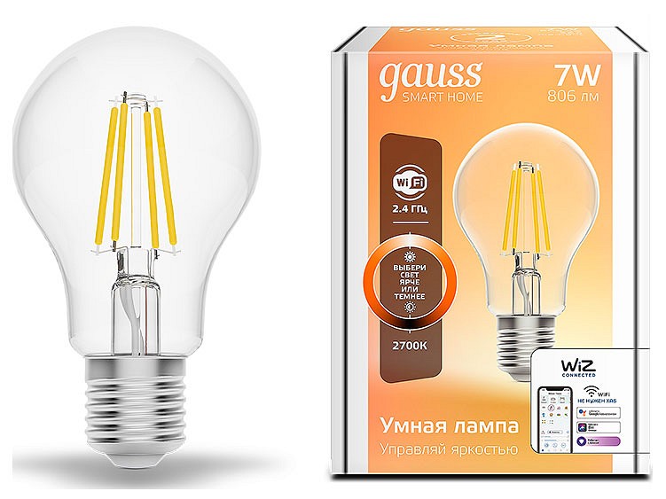 Лампа светодиодная с управлением через wi-fi gauss smart home e27 7вт 2700k 1200112