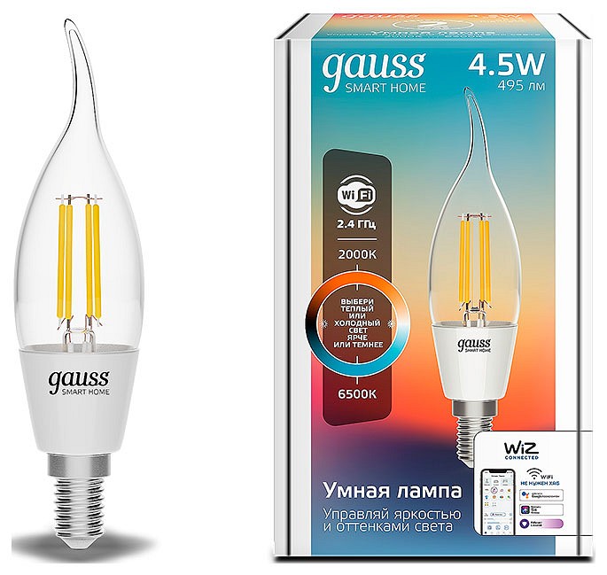 Лампа светодиодная с управлением через wi-fi gauss smart home e14 4.5вт 2000-6500k 1280112
