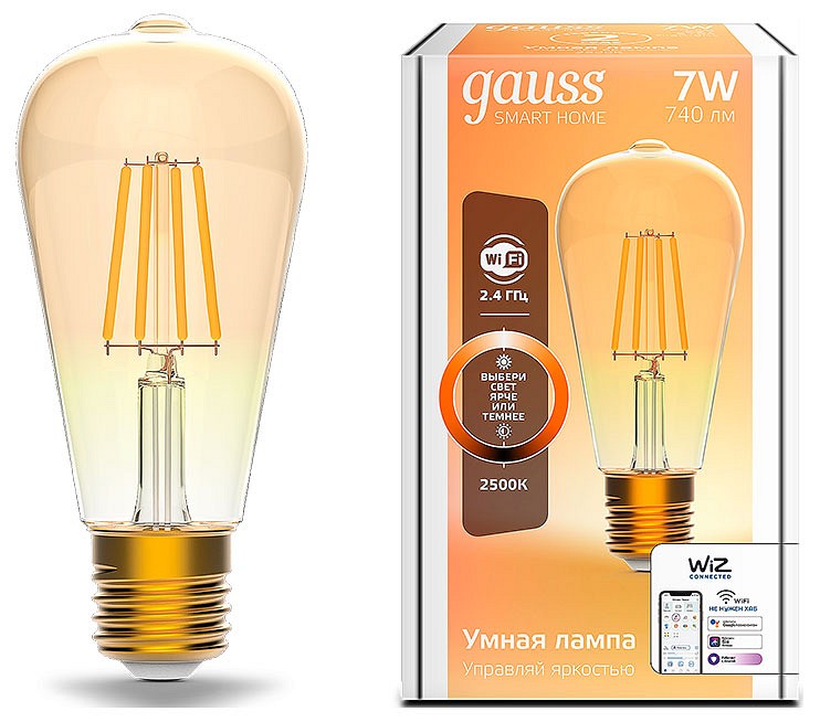 Лампа светодиодная с управлением через wi-fi gauss smart home e27 7вт 2500k 1290112