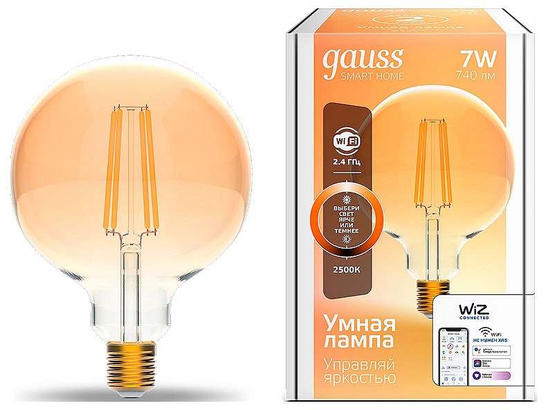 Лампа светодиодная с управлением через wi-fi gauss smart home e27 7вт 2500k 1320112