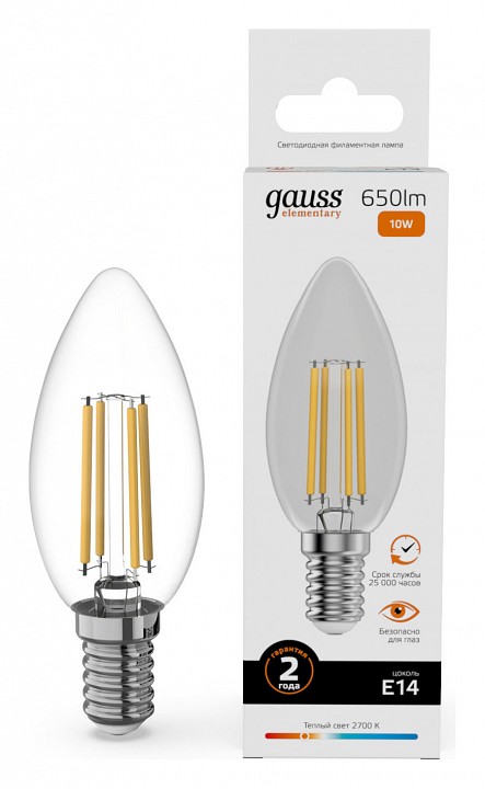 Лампа светодиодная gauss filament elementary e14 10вт 2700k 32110