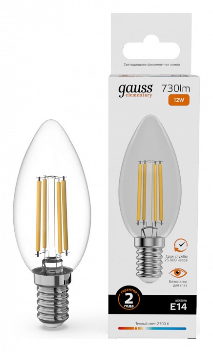 Лампа светодиодная gauss filament elementary e14 12вт 2700k 32112