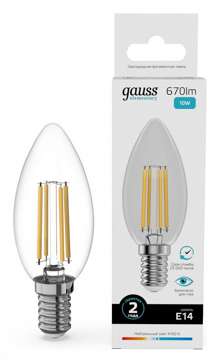 Лампа светодиодная gauss filament elementary e14 10вт 4100k 32120