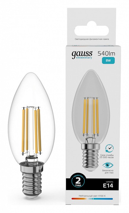 Лампа светодиодная gauss filament elementary e14 8вт 4100k 32128
