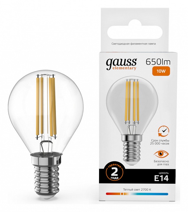 Лампа светодиодная gauss filament elementary e14 10вт 2700k 52110