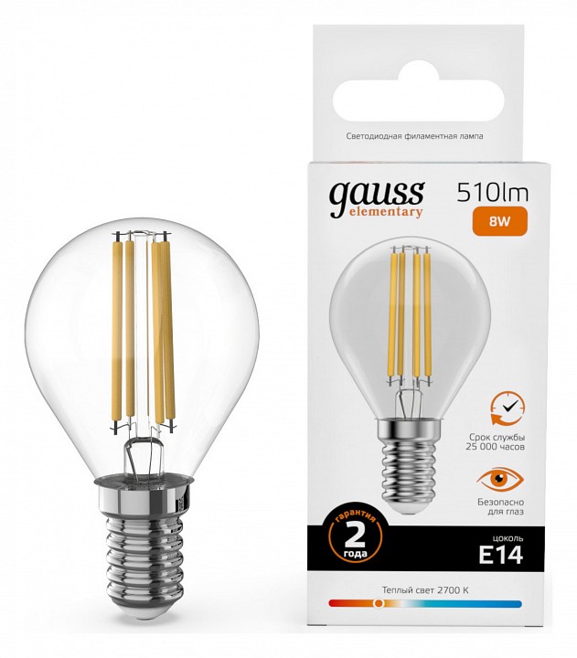 Лампа светодиодная gauss filament elementary e14 8вт 2700k 52118