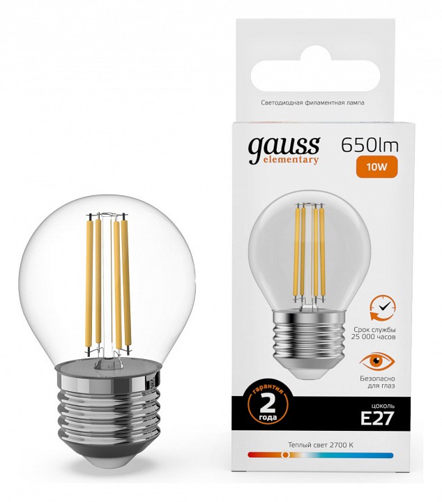 Лампа светодиодная gauss filament elementary e27 10вт 2700k 52210