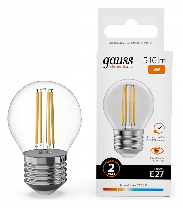 Лампа светодиодная gauss filament elementary e27 8вт 2700k 52218