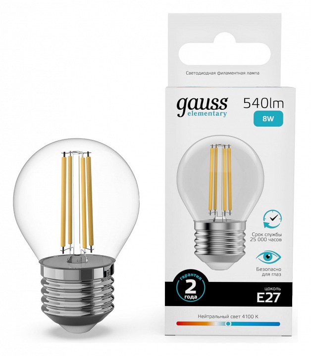Лампа светодиодная gauss filament elementary e27 8вт 4100k 52228