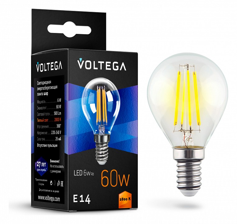 Лампа светодиодная voltega globe 6w e14 6вт 2800k 7021