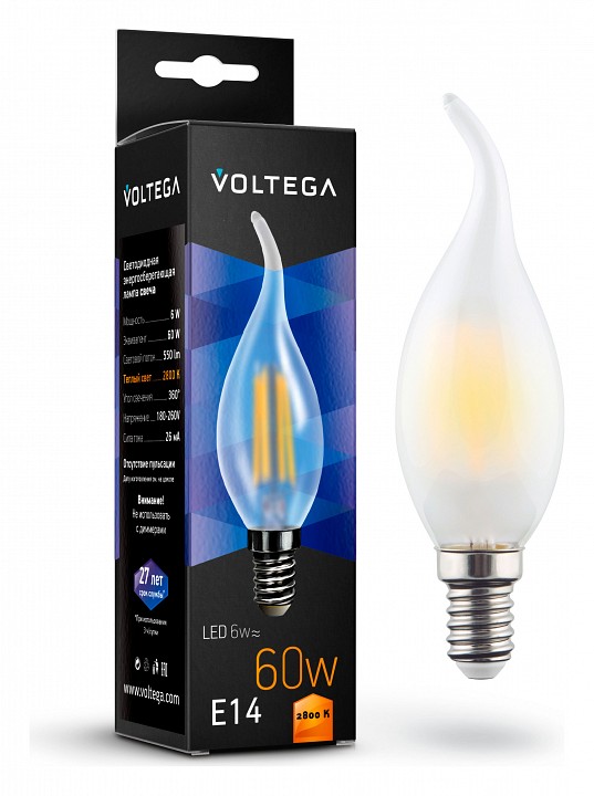 Лампа светодиодная voltega candel wind matt 6w e14 6вт 2800k 7025