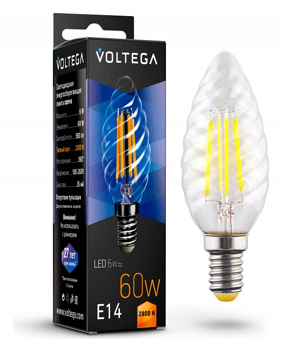 Лампа светодиодная voltega candle corn 6w e14 6вт 2800k 7027