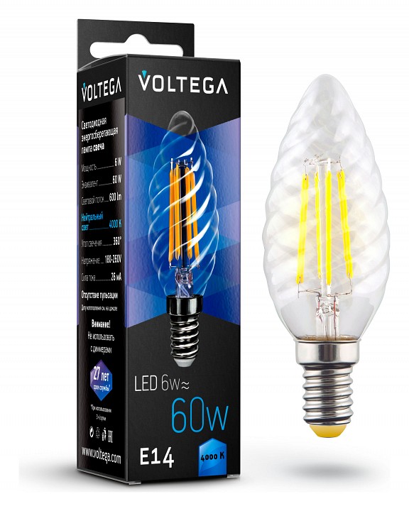 Лампа светодиодная voltega candle corn 6w e14 6вт 4000k 7028