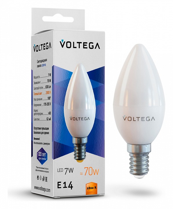 Лампа светодиодная voltega candle 7w e14 7вт 2800k 7048