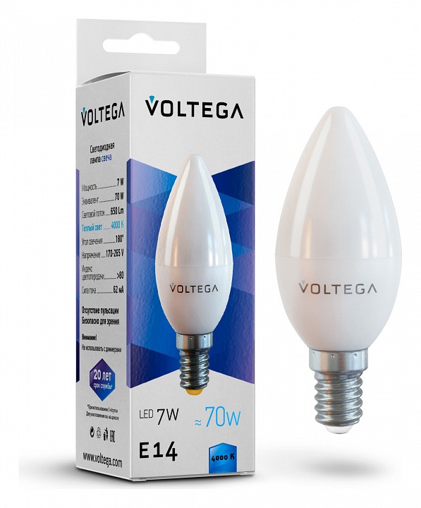Лампа светодиодная voltega candle 7w e14 7вт 4000k 7049
