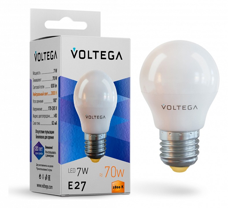 Лампа светодиодная voltega globe e27 7w e27 7вт 2800k 7052