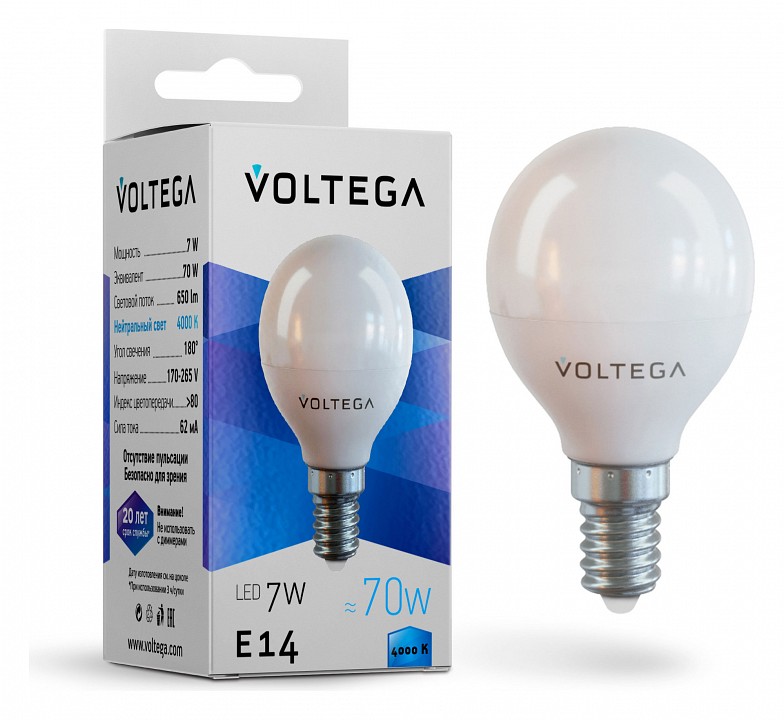 Лампа светодиодная voltega globe 7w e14 7вт 4000k 7055