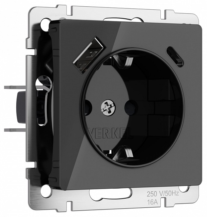 Розетка с заземлением и со шторками и 2хusb, Без рамки werkel черный акрил w1171748