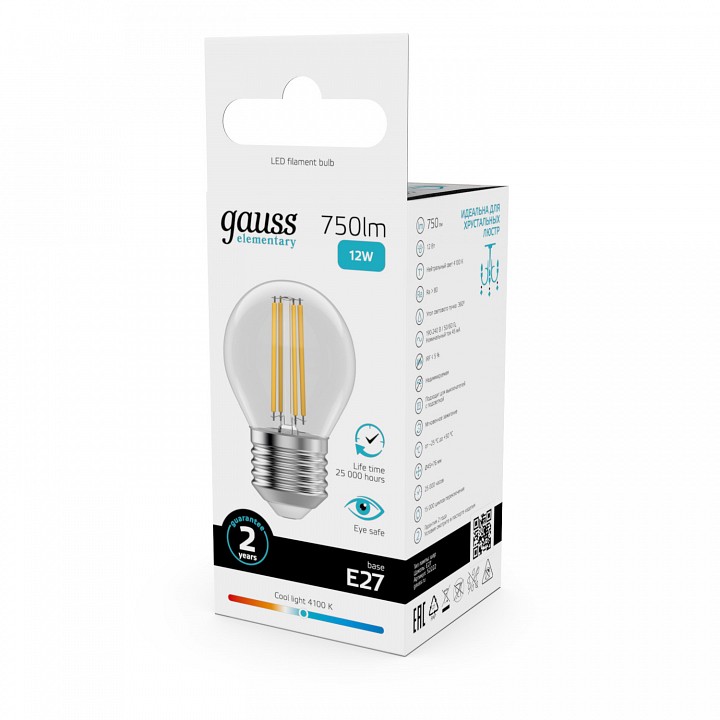 Лампа светодиодная gauss filament elementary e27 12вт 4100k 52222