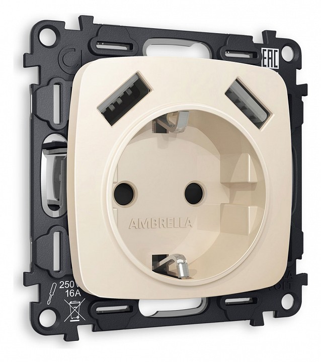 Розетка с заземлением и 2хusb type a, Без рамки ambrella volt omega mo329010