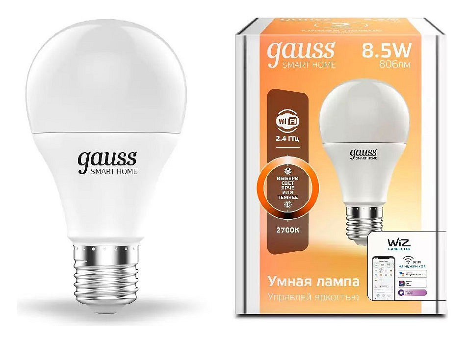 Лампа светодиодная с управлением через wi-fi gauss smart home e27 8.5вт 2700k 1050112