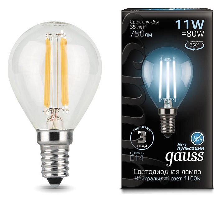 Лампа светодиодная gauss led filament e14 11вт 4100k 105801211