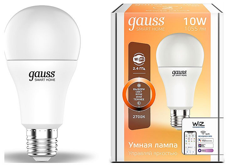 Лампа светодиодная с управлением через wi-fi gauss smart home e27 10вт 2700k 1070112