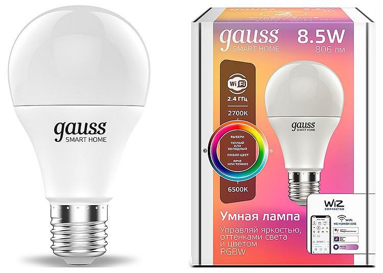 Лампа светодиодная с управлением через wi-fi gauss smart home e27 8.5вт 2700-6500k 1170112