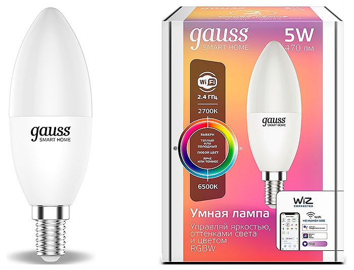 Лампа светодиодная с управлением через wi-fi gauss smart home e14 5вт 2700-6500k 1190112