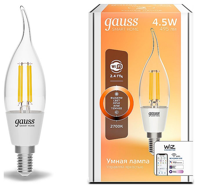 Лампа светодиодная с управлением через wi-fi gauss smart home e14 4.5вт 2700k 1260112