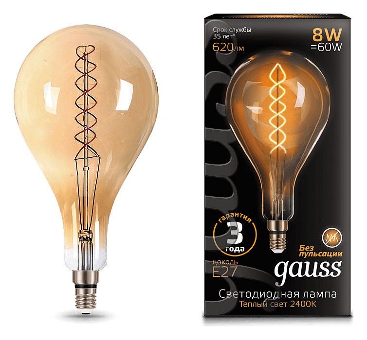 Лампа светодиодная gauss led vintage filament flexible e27 8вт 2400k 150802008