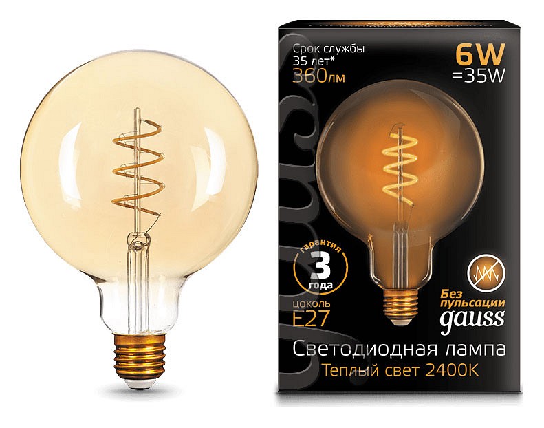 Лампа светодиодная gauss led filament flexible e27 6вт 2400k 158802008