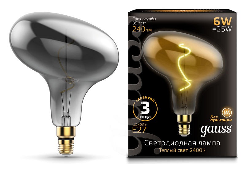 Лампа светодиодная gauss led vintage filament flexible e27 6вт 2400k 165802008