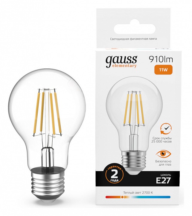 Лампа светодиодная gauss filament elementary e27 11вт 2700k 22211
