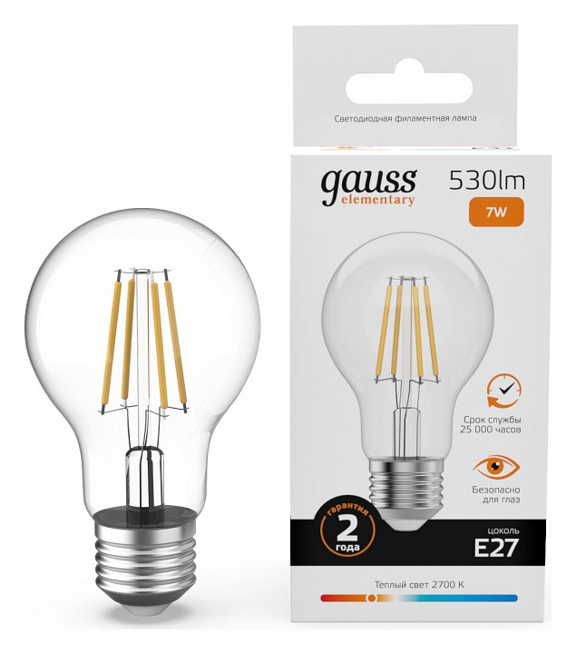 Лампа светодиодная gauss filament elementary e27 7вт 2700k 22217